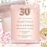 30th birthday rose gold glitter pink invitation postcard<br><div class="desc">A modern, stylish and glamorous invitation for a 30th birthday party. A faux rose gold metallic looking background with an elegant faux rose gold glitter drip, paint drip look. The name is written with a modern dark rose gold colored hand lettered style script. Personalize and add your party details. Number...</div>