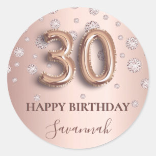 30th birthday rose gold pink diamonds balloon font classic round sticker