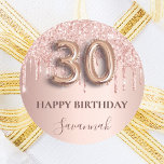30th birthday rose gold pink drips classic round sticker<br><div class="desc">Elegant, classic, glamourous and girly for a 30th birthday party. Rose gold and blush pink, gradient background. Decorated with rose gold, pink drips, paint dripping look. Personalize and add a name. With the text: Happy Birthday. The text is written with a modern dark rose coloured hand lettered style script. Number...</div>