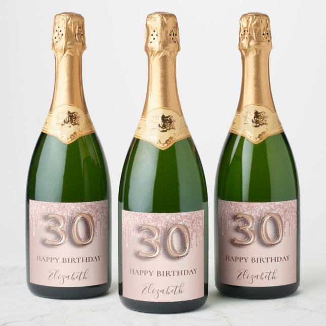 30th birthday rose gold pink drips sparkling wine label (Bottles)
