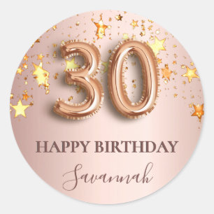 30th birthday rose gold stars pink balloon font classic round sticker