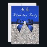 30th Birthday Royal Blue Bow Silver Sequins Invitation<br><div class="desc">Woman's 30th birthday party invitations personalized custom template. Elegant custom royal blue thirtieth / thirty / 30 years old Birthday Party celebration invitations for women with a pretty silver printed sequins pattern, cute royal blue bows and ribbons images and printed image bling jewels diamonds / rhinestones. These sophisticated, fashionable, feminine,...</div>