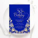 30th Birthday Royal Blue Gold Roses Invitation<br><div class="desc">Royal blue gold elegant 30th birthday party invitation. Classy design featuring roses,  faux gold foil and typography script font. Trendy invite card perfect for a stylish female bday celebration. Personalize with your own details. Can be customized to any age. Printed Zazzle invitations or instant download digital printable template.</div>