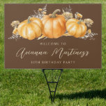 30th Birthday Rustic Boho Fall Pumpkin Custom Garden Sign<br><div class="desc">Elegant watercolor orange pumpkins are nestled in a variety of fall foliage and flowers. A dark,  rich brown background frames it to perfection. Perfect for an autumn celebration. All text is editable.</div>