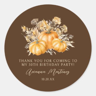 30th Birthday Rustic Pumpkin Fall Thank You Favour Classic Round Sticker