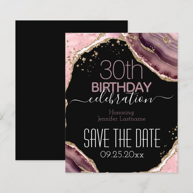 30th Birthday Save the Date Pink Agate Budget (Front/Back)