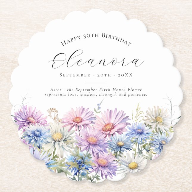30th Birthday September Birth Flower Custom Paper Coaster (Front)