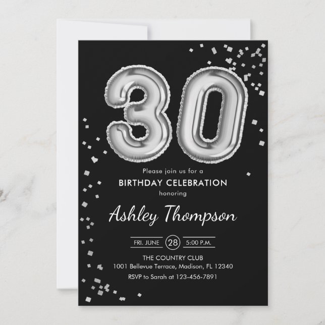 30th Birthday - Silver Balloons Black Invitation (Front)