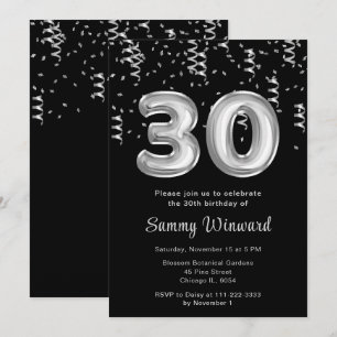 30th Birthday Silver Balloons with Confetti Invitation