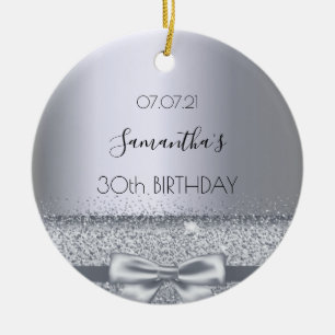 30th birthday silver bow name ceramic ornament