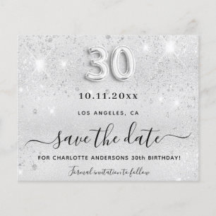30th birthday silver glitter budget save the date flyer