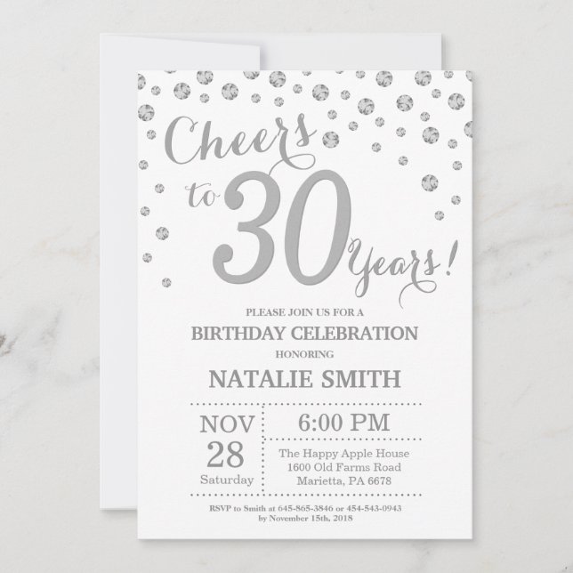 30th Birthday Silver Glitter Diamond Invitation (Front)