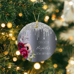 30th birthday silver glitter drips floral burgundy ceramic ornament<br><div class="desc">An ornament for a 30th birthday. A dark faux silver metallic looking background. Decorated with dark purple and burgundy and rose pink flowers, faux silver glitter dripping, paint drip look. Templates for a name, date and age 30. The name is written with a white modern hand lettered style script. Perfect...</div>