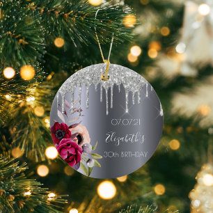 30th birthday silver glitter drips floral burgundy ceramic ornament