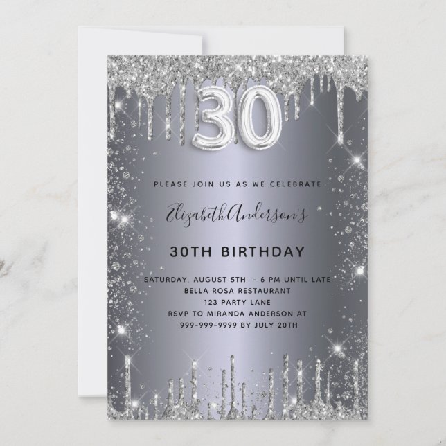 30th birthday silver glitter drips glam invitation (Front)