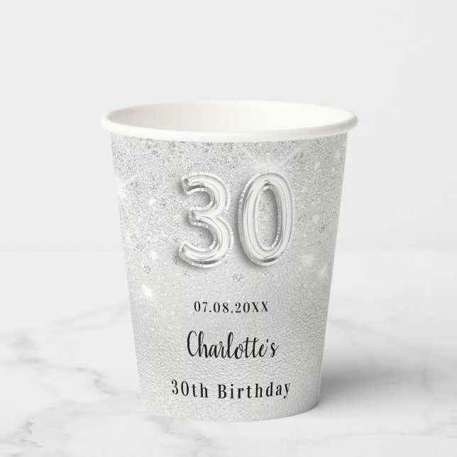 30th birthday silver glitter monogram paper cups (Back)