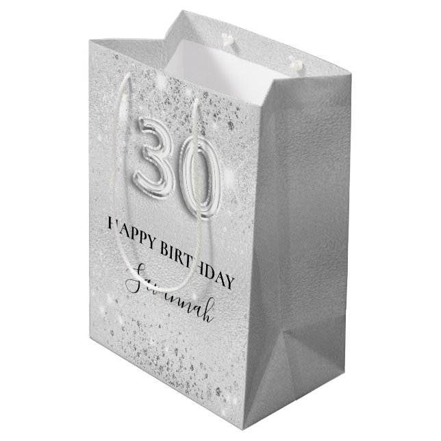 30th birthday silver glitter name medium gift bag (Back Angled)