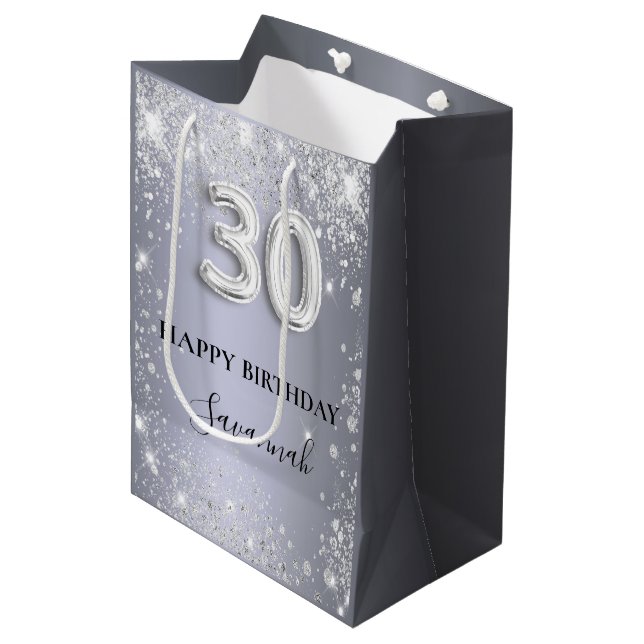 30th birthday silver glitter name script medium gift bag (Front Angled)
