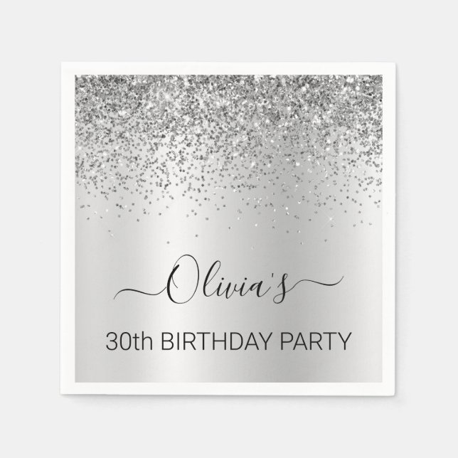 30th Birthday Silver Monogram Glitter Napkin (Front)