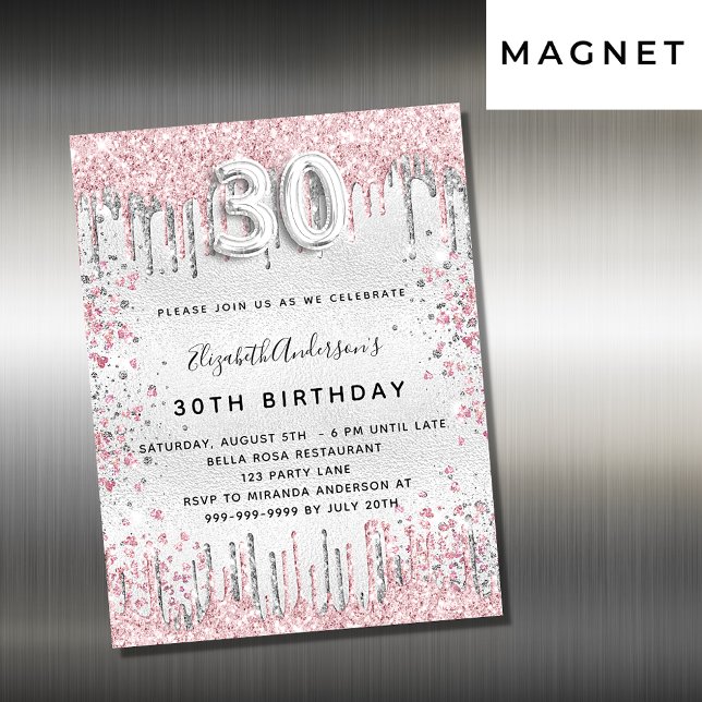 30th birthday silver pink invitation magnet (Creator Uploaded)
