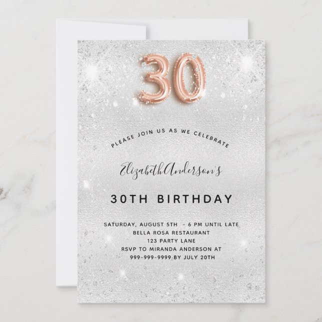30th birthday silver rose gold glitter glamourous invitation (Front)