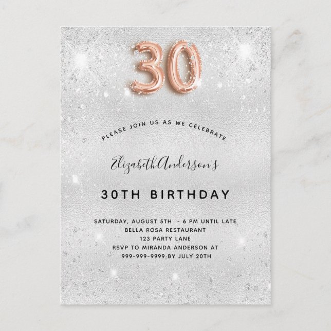 30th birthday silver rose gold sparkles invitation postcard (Front)