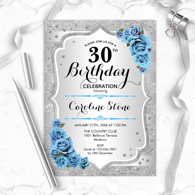 30th Birthday - Silver Stripes Icy Blue Roses Invitation (Creator Uploaded)