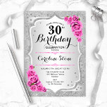 30th Birthday - Silver Stripes Pink Roses Invitation<br><div class="desc">30th Birthday Invitation. Elegant floral design in silver and pink. Features faux glitter silver stripes,  pink roses stylish script font and confetti. Perfect for a glam birthday party.</div>