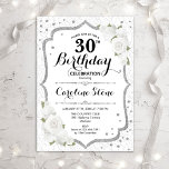 30th Birthday - Silver White Roses Invitation<br><div class="desc">Elegant 30th Birthday Invitation. Stylish design in white and silver. Features white roses,  damask pattern and faux glitter confetti. Perfect for a glam all white birthday celebration. Can be customized to show any age. Message me if you need further customization.</div>