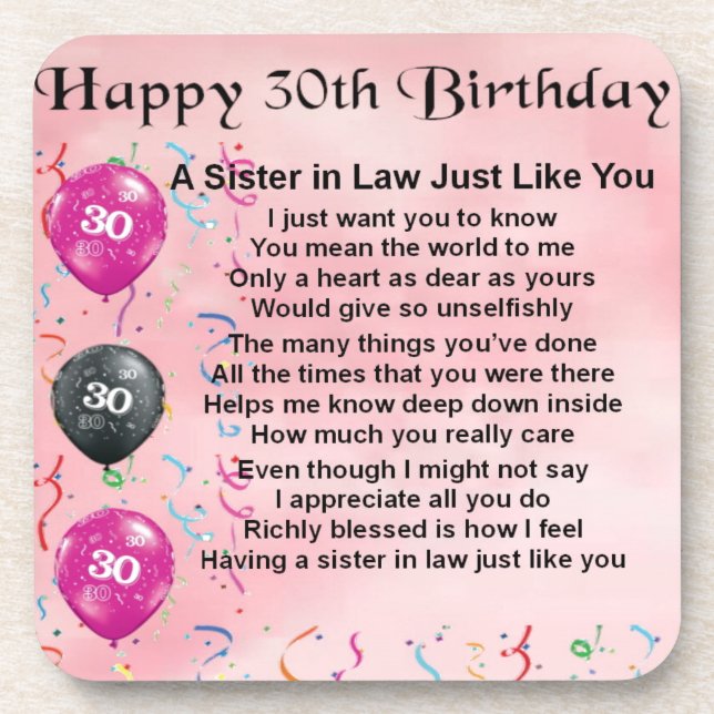 30th Birthday - Sister in Law Poem Coaster (Front)