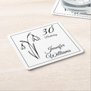 30th Birthday Snowdrop Floral Black And White Square Paper Coaster