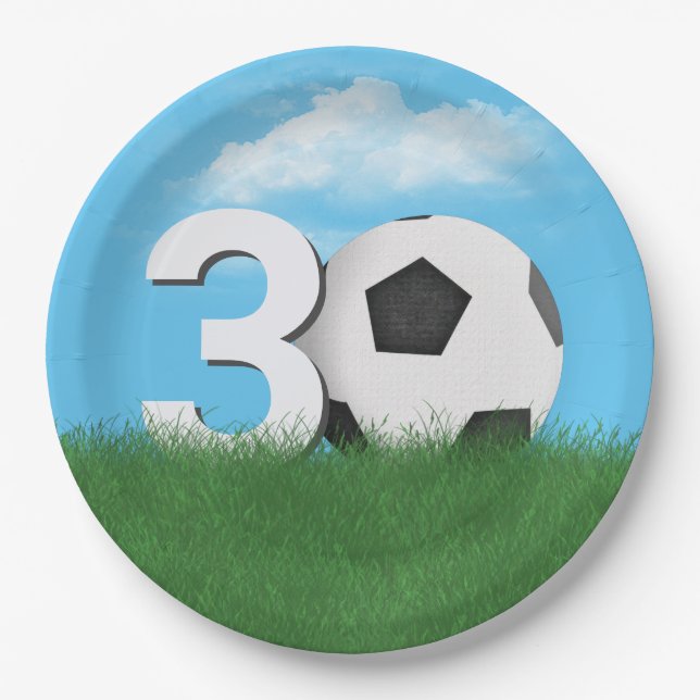 30th Birthday Soccer Ball In Green Grass Paper Plate (Front)
