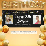 30th Birthday String Lights Photo Name Black Banner<br><div class="desc">Celebrate a 30th or any age birthday and/or or decorate for a party with this custom banner sign featuring two photos (perhaps THEN and NOW pictures) and gold and white string lights in your choice of colours and/or font style. The sample is shown with white brush script typography on a...</div>