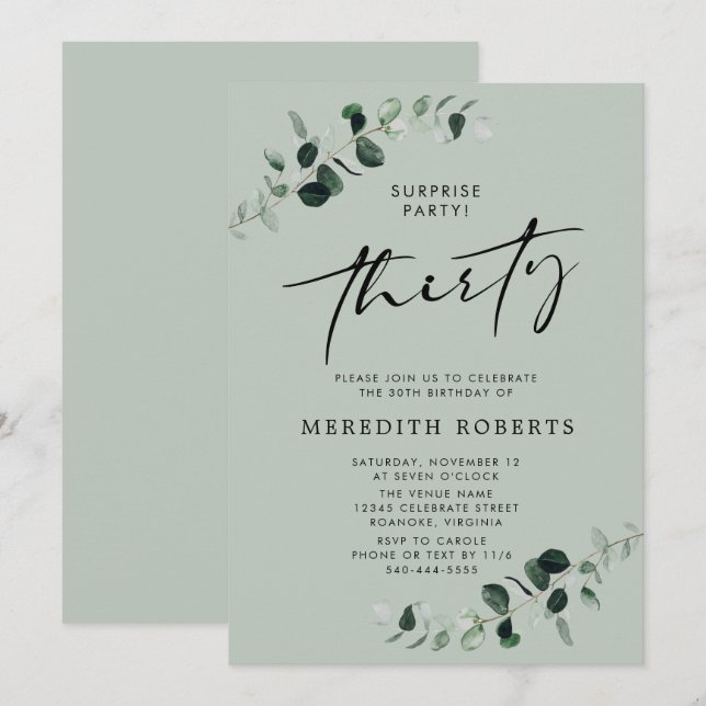 30th Birthday Surprise Party Eucalyptus Sage Invitation (Front/Back)