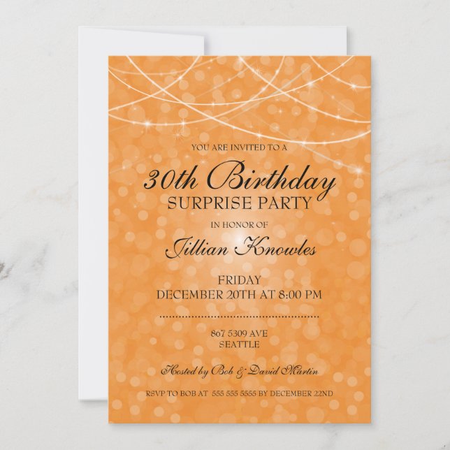 30th Birthday Surprise Party Orange String Lights Invitation (Front)