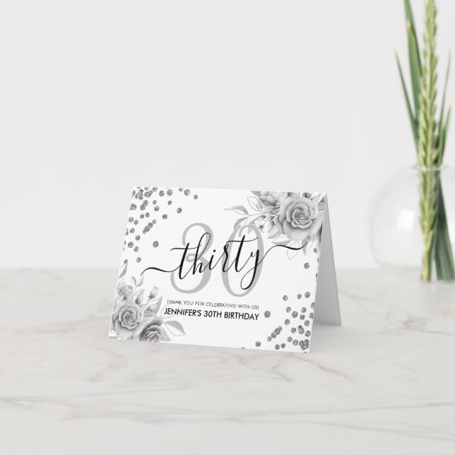 30th Birthday Thank You Silver Floral Glitter  (Front)