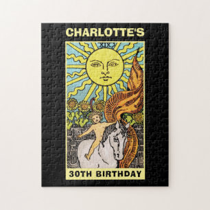 30th Birthday The Sun Tarot   Name & Photo Black Jigsaw Puzzle