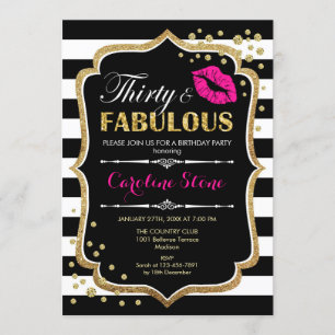 30th Birthday - Thirty Fabulous Black Pink Gold Invitation