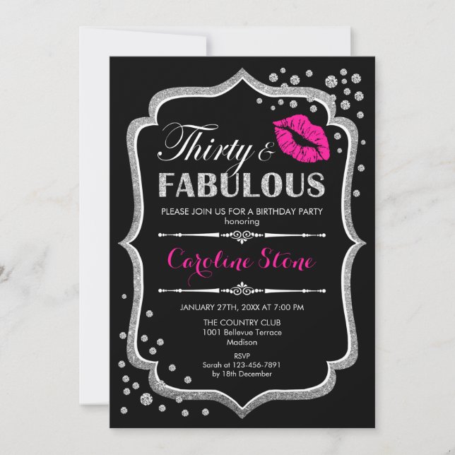 30th Birthday - Thirty Fabulous Black Pink Silver Invitation (Front)