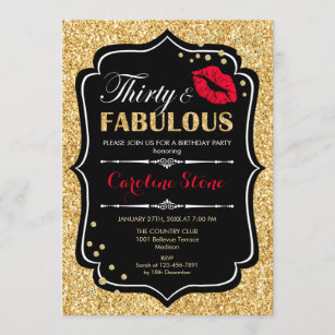 30th Birthday - Thirty Fabulous Gold Black Red Invitation