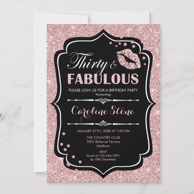 30th Birthday - Thirty Fabulous Rose Gold Black Invitation (Front)