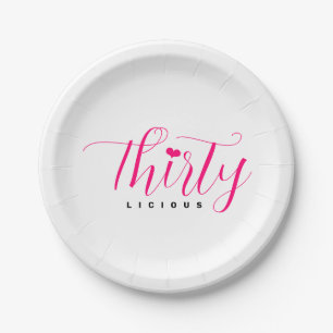 30th Birthday Thirtylicious Hot Pink Black Heart Paper Plate