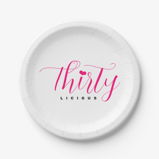 30th Birthday Thirtylicious Hot Pink Black Heart Paper Plate (Front)