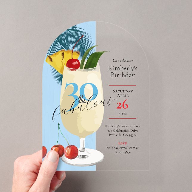 30th Birthday Tropical Blue Pina Colada Cocktail  Acrylic Invitations (Insitu (Handheld))