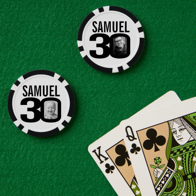 30th birthday two custom photos black and white poker chips (Poker Table (Double))