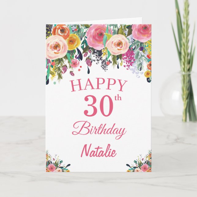 30th Birthday Watercolor Floral Flowers Pink Card (Front)