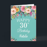30th Birthday Watercolor Floral Flowers Teal Card<br><div class="desc">30th Birthday Watercolor Floral Flowers Teal Card with personalized name and age. For further customization,  please click the "Customize it" button and use our design tool to modify this template.</div>