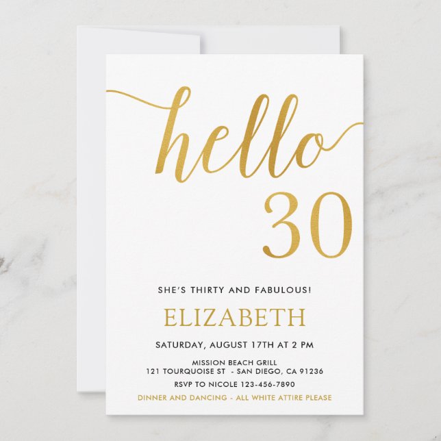 30th Birthday White and Gold Hello 30 Invitation (Front)