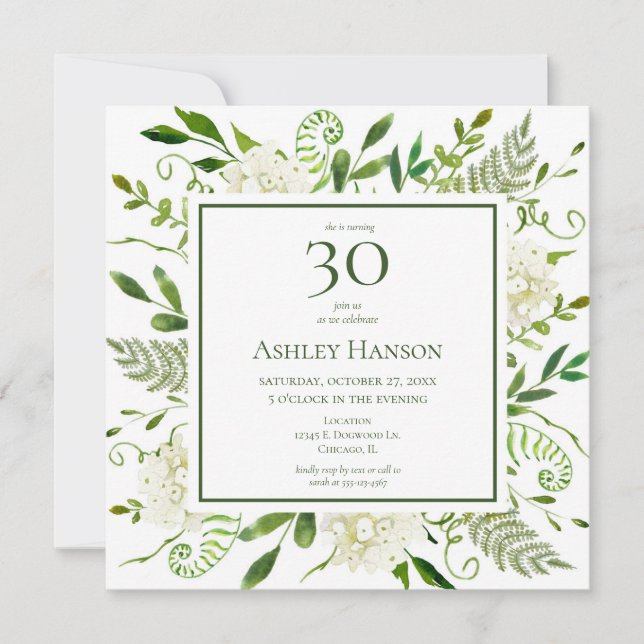 30th Birthday White Hydrangeas Invitation (Front)