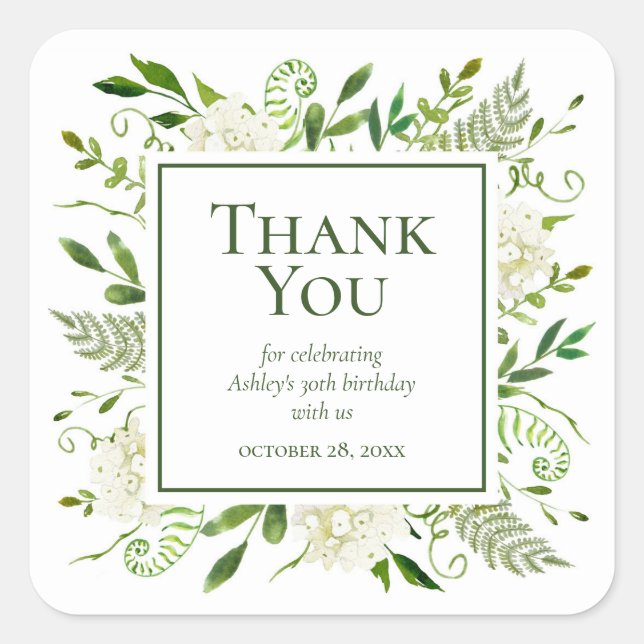 30th Birthday White Hydrangeas Thank You Square Sticker (Front)